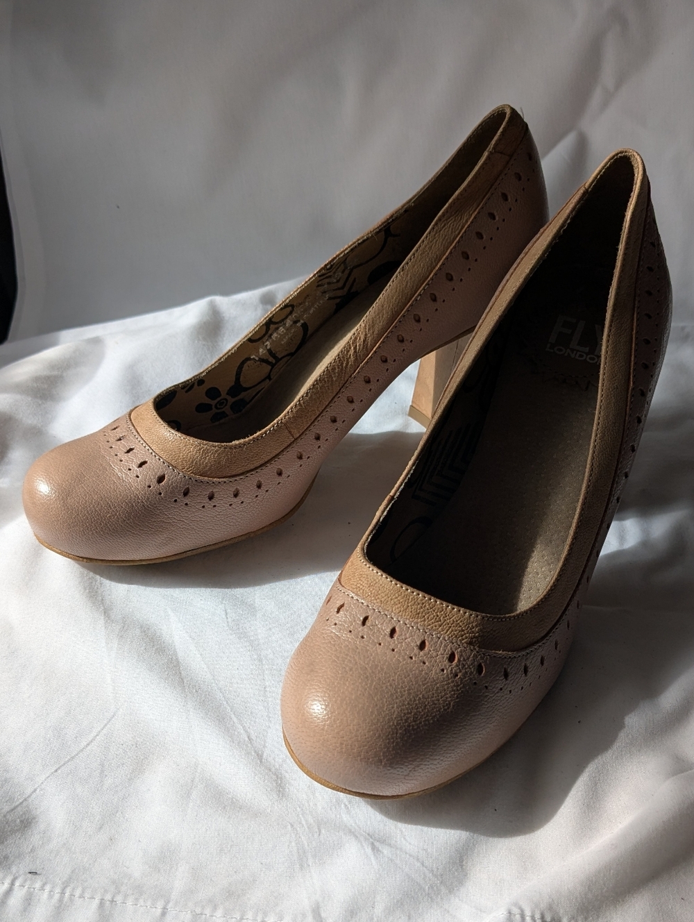 Fly London Nude Leather Block Heel Pumps Brogue Perforated Detail Round Toe